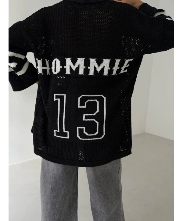 Büyük düğmeli salaş triko hırka siyahbeyaz