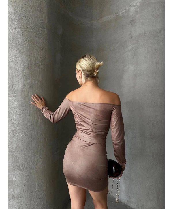 Büzgülü etek bluz takım kahve s24709