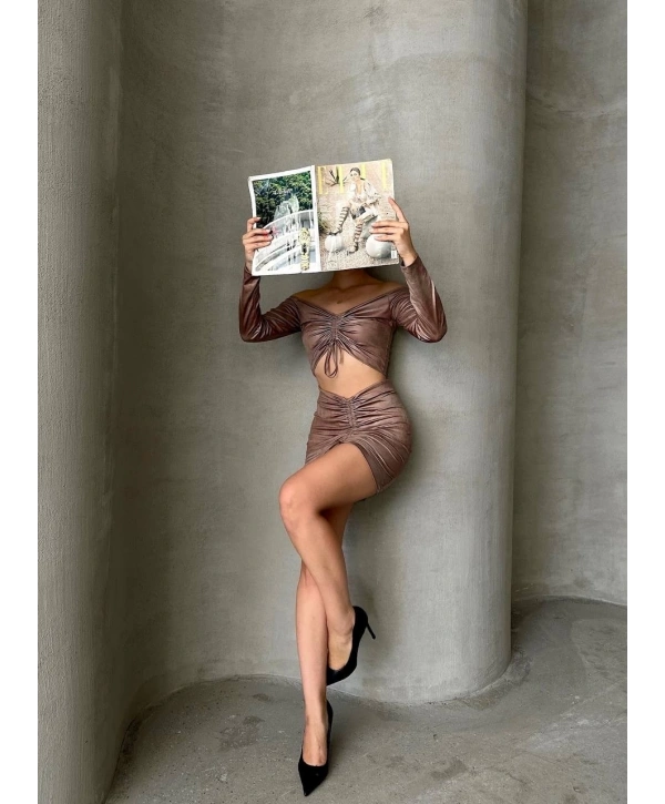 Büzgülü etek bluz takım kahve s24709