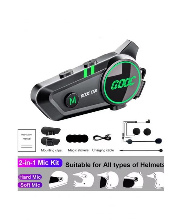 C50 2x Motosiklet Intercom Kask Kulaklık 1000 Mah Rgb Işıklı Çift Eşleşme