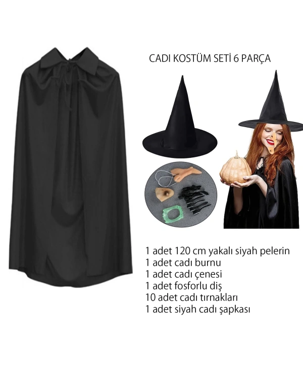 Cadı Kostüm Seti 6 Parça - Şapka Pelerin Diş Tırnaklar Çene Ve Burun
