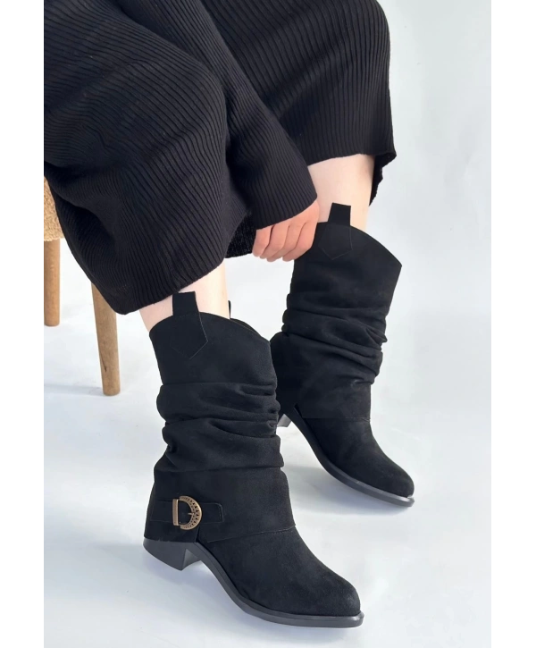 Canty Siyah Süet Körüklü Topuklu Çizme