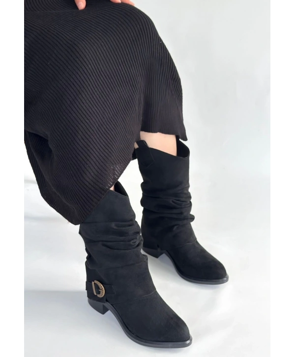 Canty Siyah Süet Körüklü Topuklu Çizme