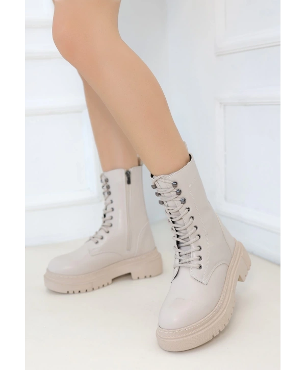 Caxa Bej Cilt Bağcıklı Bot