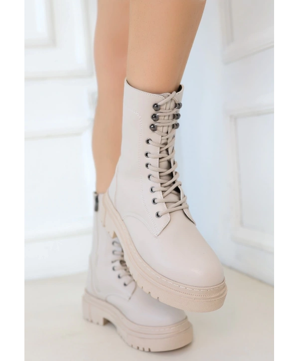 Caxa Bej Cilt Bağcıklı Bot