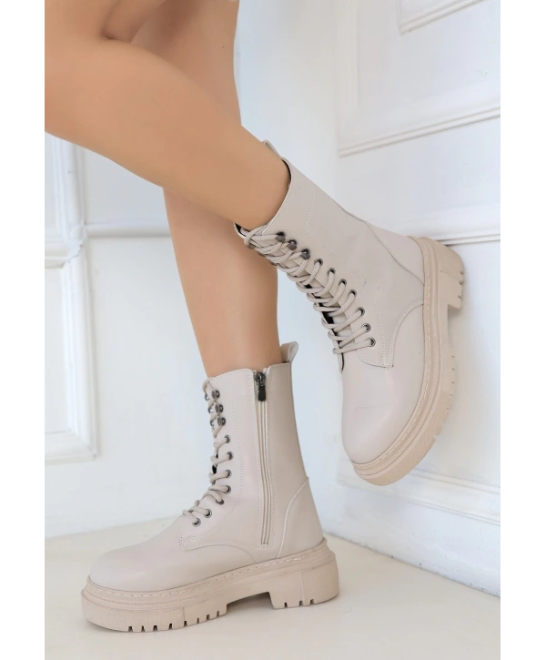 Caxa Bej Cilt Bağcıklı Bot