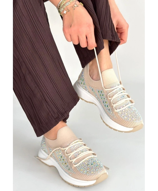 Ceas Bej Triko Bağcıklı Spor Ayakkabı