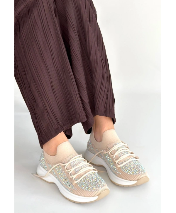 Ceas Bej Triko Bağcıklı Spor Ayakkabı