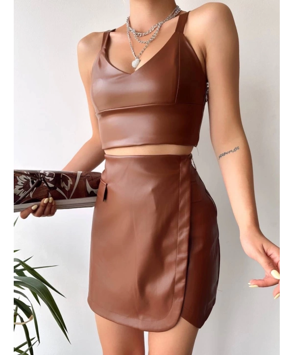 Cep detaylı oval kapaklı deri etek kahve h240048