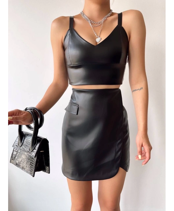 Cep detaylı oval kapaklı deri etek siyah h240048