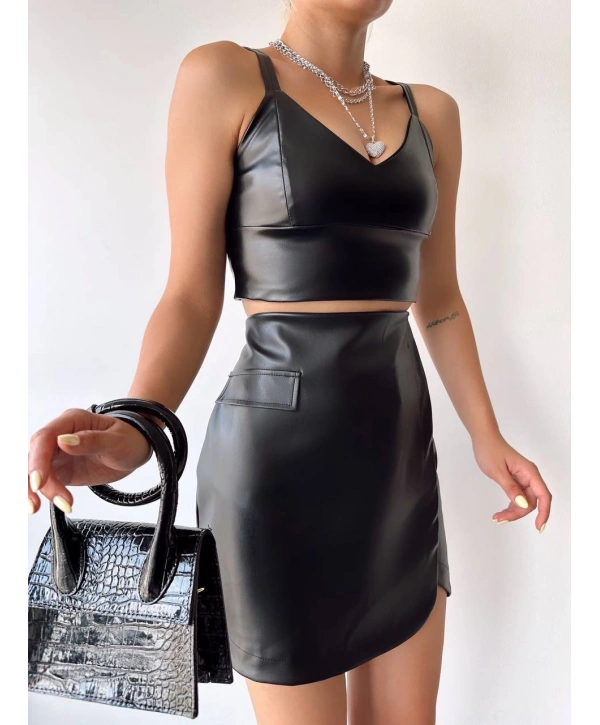 Cep detaylı oval kapaklı deri etek siyah h240048