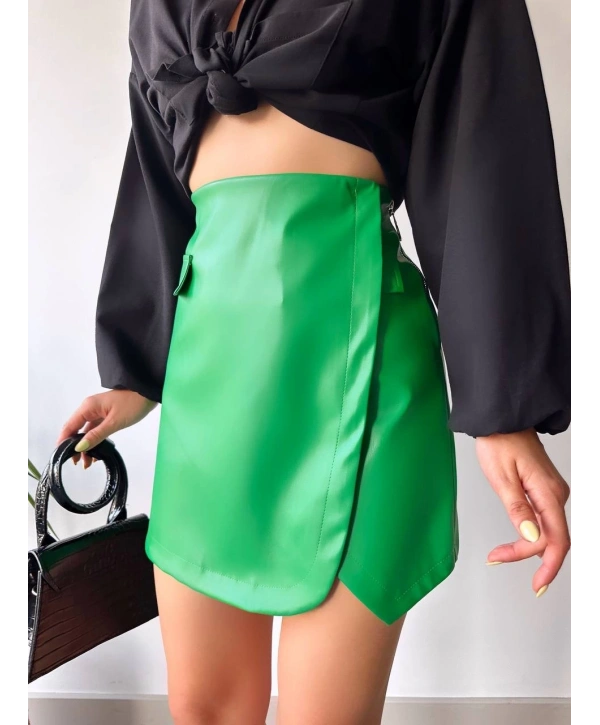 Cep detaylı oval kapaklı deri etek yeşil h240048