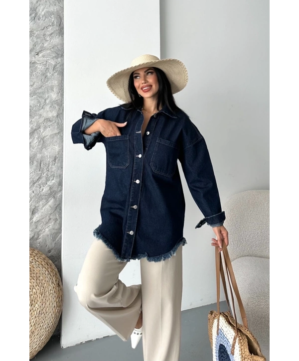 Cepli püsküllü kar yıkama kot ceket koyu mavi d2515