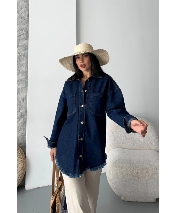 Cepli püsküllü kar yıkama kot ceket koyu mavi d2515