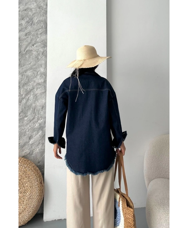 Cepli püsküllü kar yıkama kot ceket koyu mavi d2515