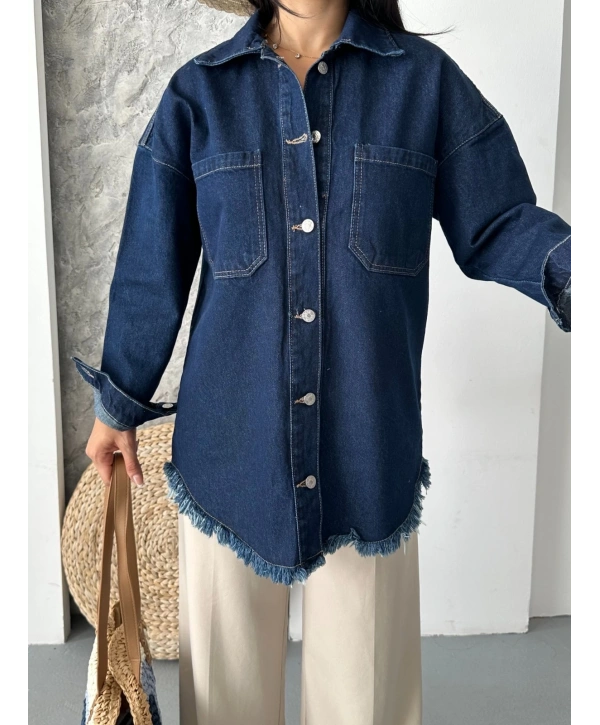 Cepli püsküllü kar yıkama kot ceket koyu mavi d2515