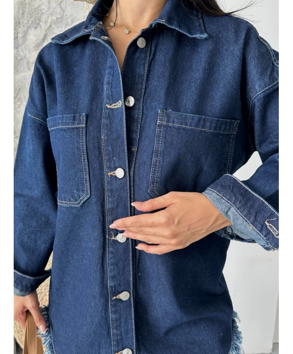 Cepli püsküllü kar yıkama kot ceket koyu mavi d2515