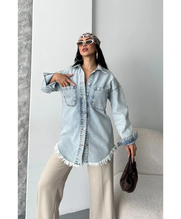 Cepli püsküllü kar yıkama kot ceket mavi d2515