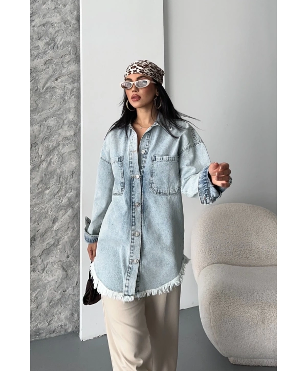 Cepli püsküllü kar yıkama kot ceket mavi d2515