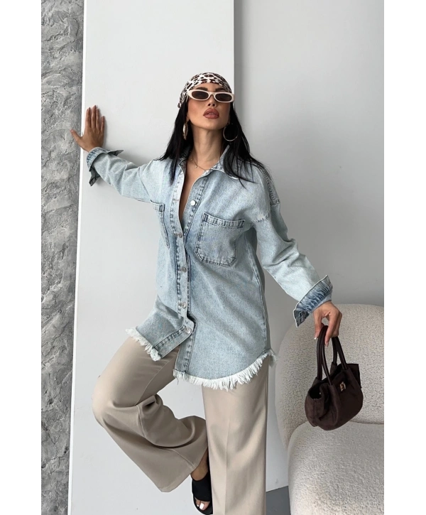 Cepli püsküllü kar yıkama kot ceket mavi d2515