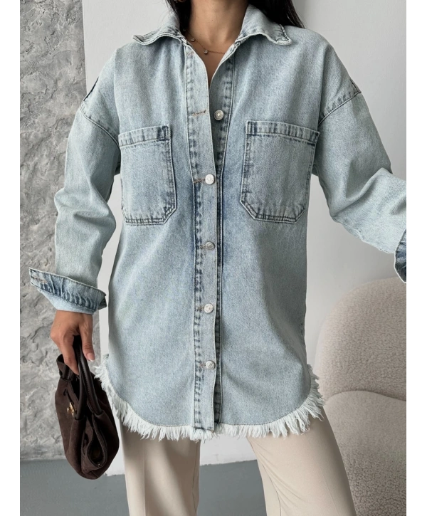 Cepli püsküllü kar yıkama kot ceket mavi d2515