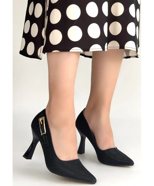 Cerin Siyah Saten Simli Topuklu Ayakkabı