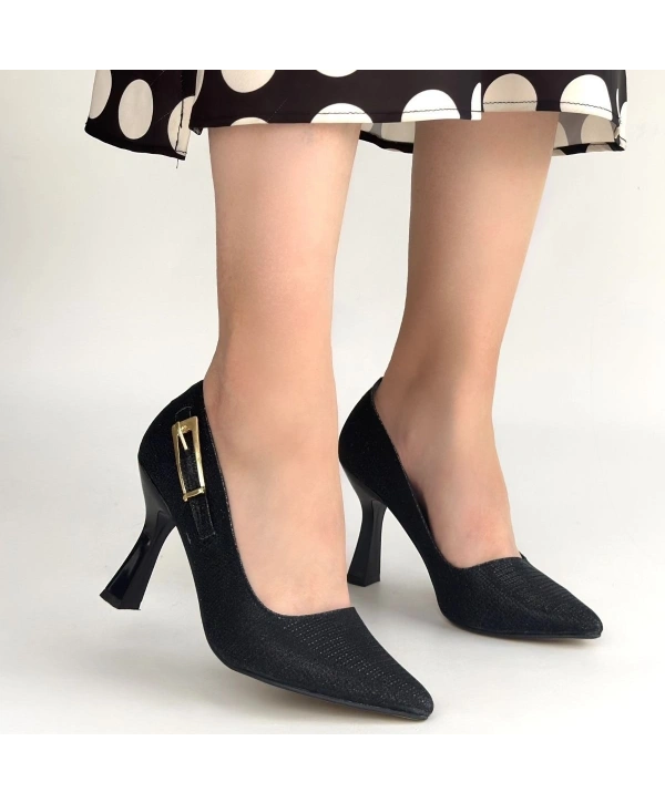 Cerin Siyah Saten Simli Topuklu Ayakkabı