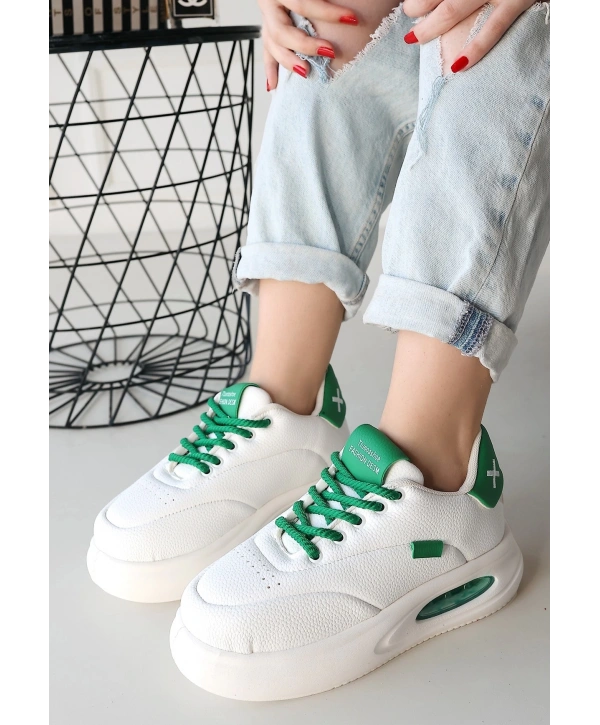 Chris Beyaz Cilt Yeşil Detaylı Bağcıklı Spor Ayakkabı
