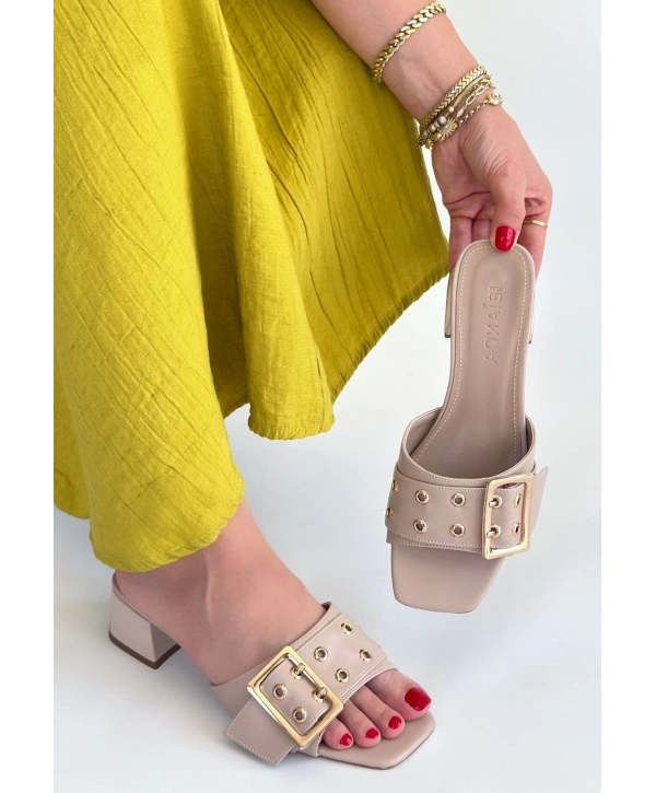 Ciey Bej Cilt Topuklu Terlik