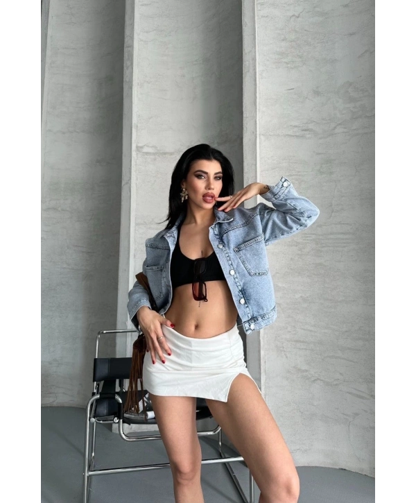 Çift cepli kol katlamalı kar yıkama crop kot ceket buz mavi d2000