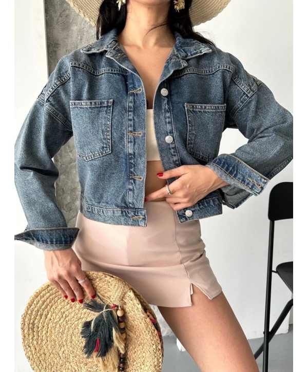 Çift cepli kol katlamalı kar yıkama crop kot ceket kahve tint d2000