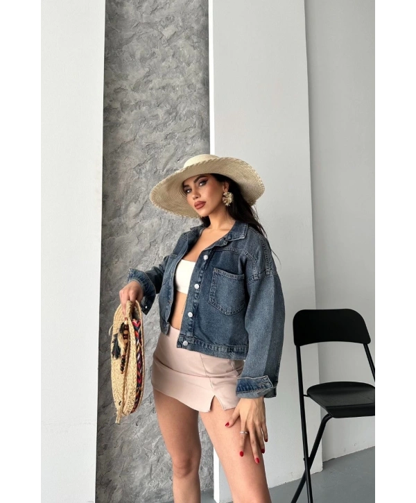 Çift cepli kol katlamalı kar yıkama crop kot ceket kahve tint d2000