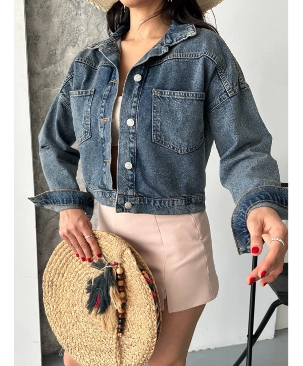 Çift cepli kol katlamalı kar yıkama crop kot ceket kahve tint d2000