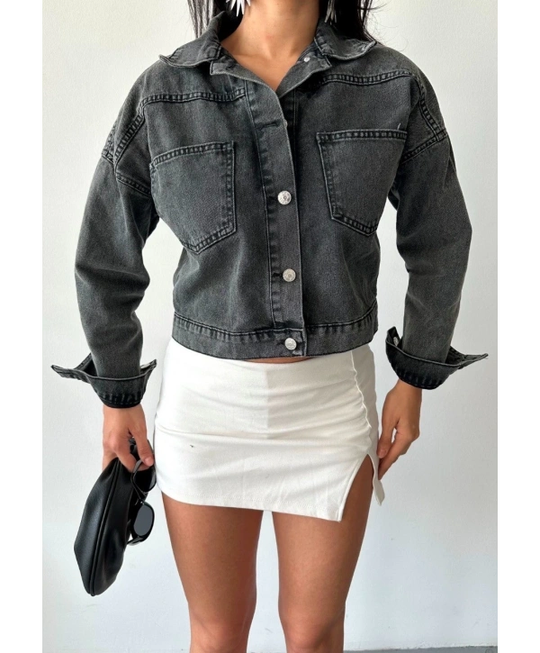 Çift cepli kol katlamalı süper taş enzim yıkama crop kot ceket füme d2000
