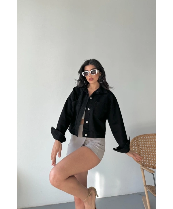 Çift cepli kol katlamalı süper taş enzim yıkamalı crop kot ceket siyah d2000