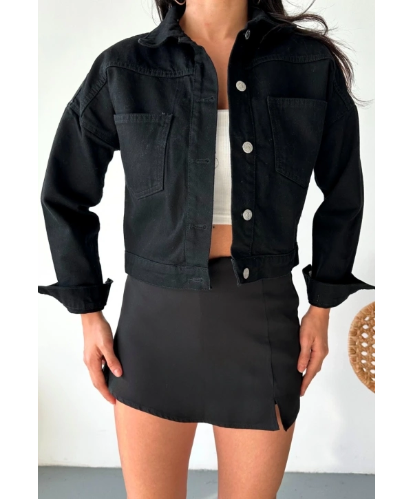 Çift cepli kol katlamalı süper taş enzim yıkamalı crop kot ceket siyah d2000