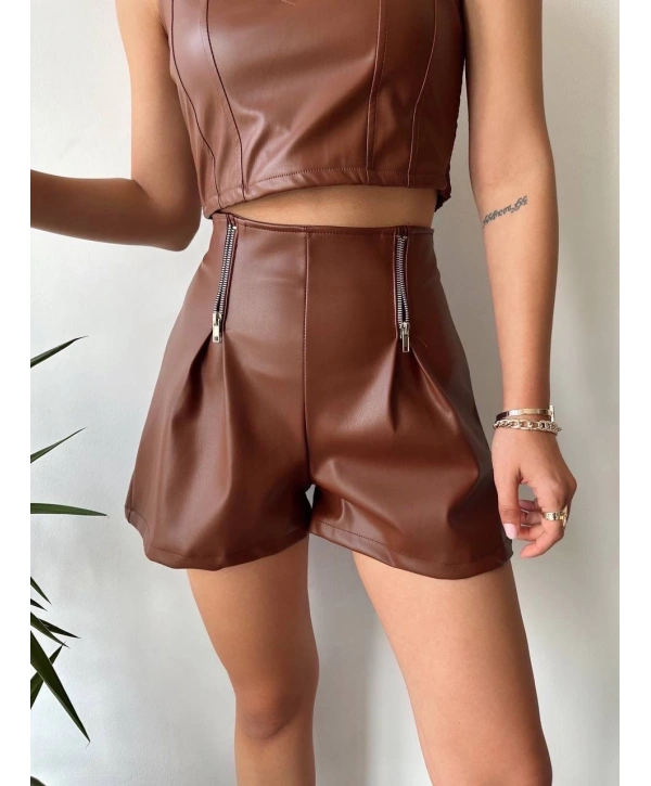 Çift fermuarlı deri şort kahve h24394