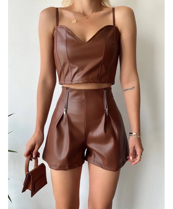 Çift fermuarlı deri şort kahve h24394