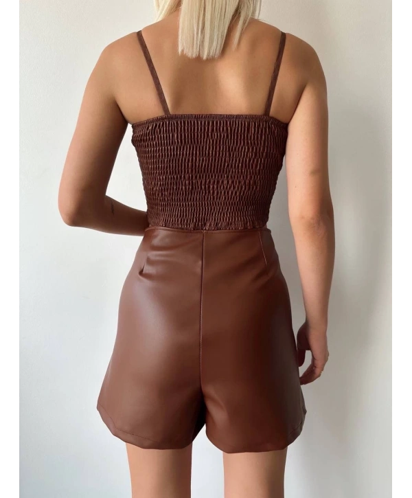 Çift fermuarlı deri şort kahve h24394