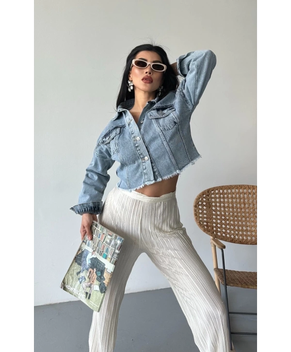 Çift kapaklı püsküllü crop buz mavi d2002