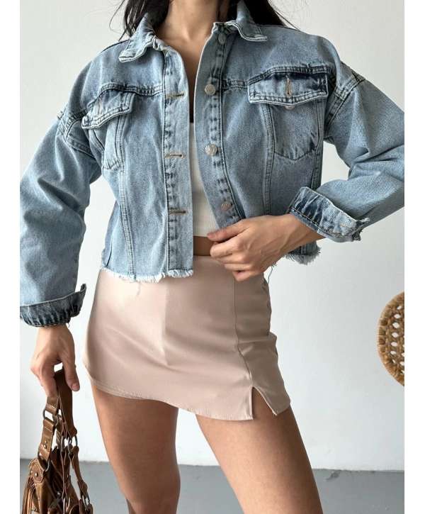 Çift kapaklı püsküllü crop buz mavi d2002