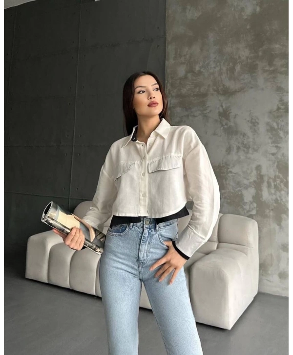 Çift renkli kısa gömlek krem s4021