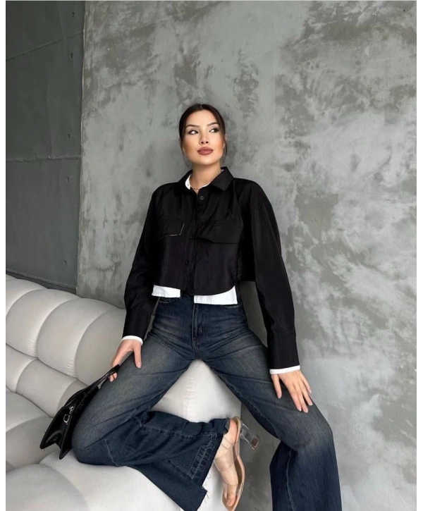 Çift renkli kısa gömlek siyahbeyaz s4021