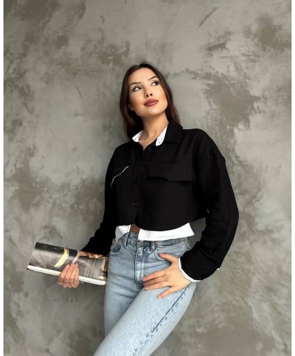 Çift renkli kısa gömlek siyahbeyaz s4021