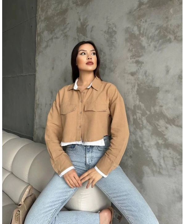 Çift renkli kısa gömlek vizonbeyaz s4021