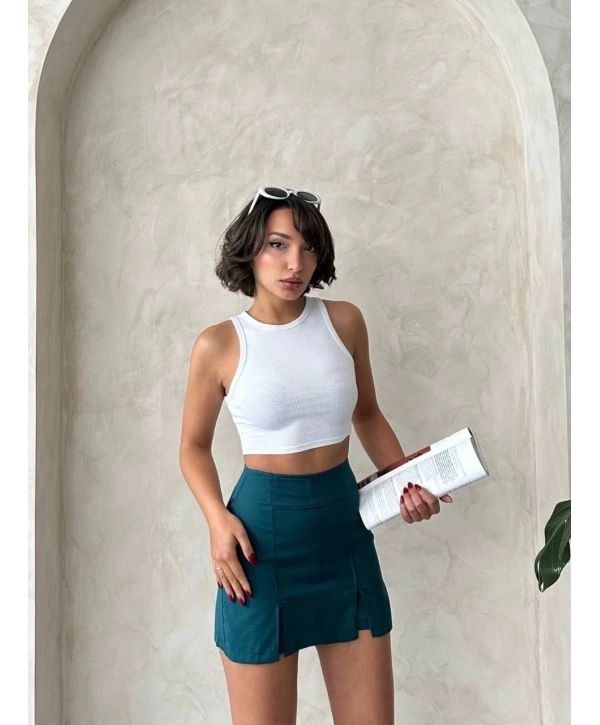 Çift yırtmaçlı atlas şort etek petrol yeşili s240364