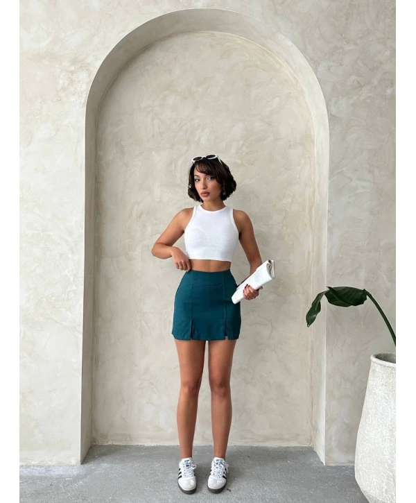 Çift yırtmaçlı atlas şort etek petrol yeşili s240364