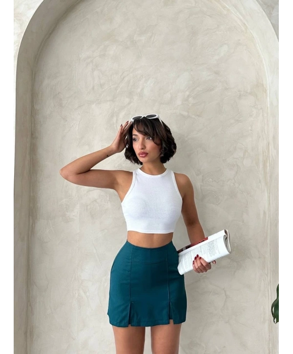 Çift yırtmaçlı atlas şort etek petrol yeşili s240364