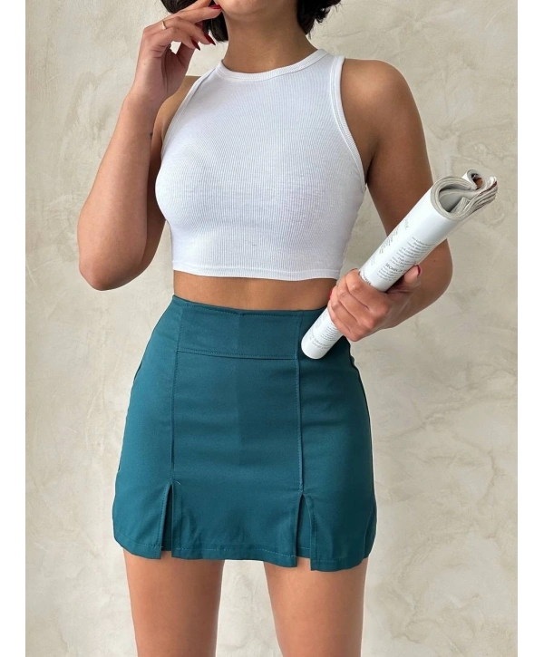 Çift yırtmaçlı atlas şort etek petrol yeşili s240364