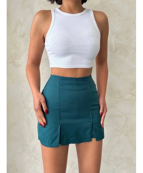 Çift yırtmaçlı atlas şort etek petrol yeşili s240364